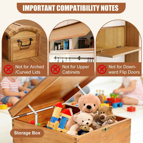 Soft Close Toy Box Hinges With Heavy Duty Zinc Alloy Lid Support And Smooth Quiet Dampers Keeps Lids From Slamming And Prevents Finger Pinch Ideal For Safe Gentle Lids Easy Installation Universal Reversible Mounting For Wooden Boxes And Toy Chests, shown with toy storage box opened.