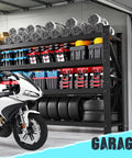 Heavy Duty Metal Garage Shelving 79 Inch Wide 4 Tier Adjustable Storage Rack Matrix Frame filled with tools and tires.