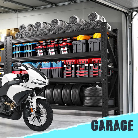 Heavy Duty Metal Garage Shelving 79 Inch Wide 4 Tier Adjustable Storage Rack Matrix Frame filled with tools and tires.