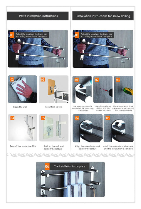 Installation instructions for Retractable Towel Bar Rack in Stainless Steel 304, adjustable 20-30 inches, 3 arm bathroom wall organizer.