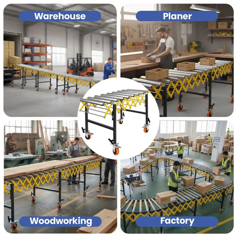Heavy Duty 25 Inch Wide Adjustable Roller Conveyor With Skate Wheels Handles 1250 Lbs Load Easily for warehouse and woodworking use.