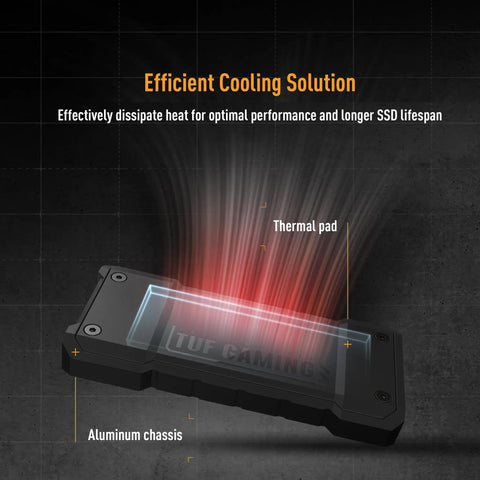TUF Gaming A2 USB C 3.2 Gen 2x2 Portable SSD Enclosure With Dual M2 NVMe PCIe And SATA, highlighting thermal pad and aluminum chassis.
