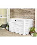 XXL 230 Gallon Deck Storage Box Outdoor Patio Container With Lockable Lid And Piston Opening White Wood Look Panels