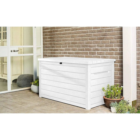 XXL 230 Gallon Deck Storage Box Outdoor Patio Container With Lockable Lid And Piston Opening White Wood Look Panels