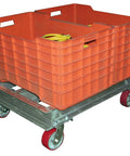 Aluminum Channel Dolly With Hard Rubber Casters, 900 Lb Capacity, holding orange crates, on red wheels, side view