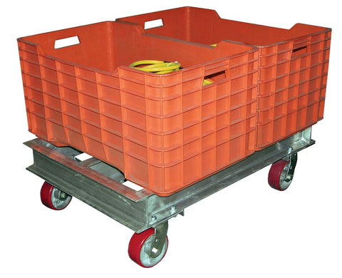 Aluminum Channel Dolly With Hard Rubber Casters, 900 Lb Capacity, holding orange crates, on red wheels, side view