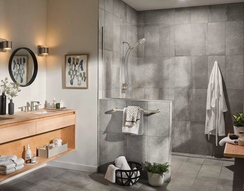 Bathroom with High Pressure Shower Head With Handheld Sprayer 8 Spray Settings Spot Resist Brushed Nickel Finish installed on wall