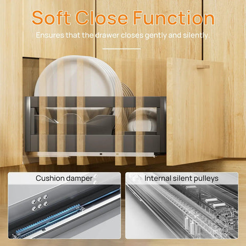 Soft Close Undermount Drawer Slides 16 Inch Bottom Mount No-Fuss Full Extension Heavy Duty Stainless Steel 100 Lb Capacity 1 Pair for Vanity Cabinets and Home Office Desks Quiet Smooth Glide soft-close drawer in wood cabinet