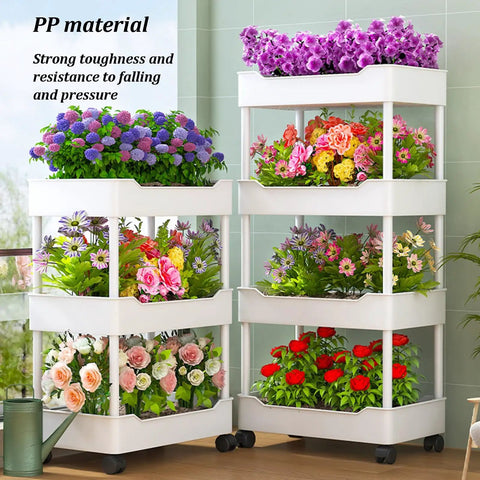 Hydroponics Growing System With Vertical Raised Garden Bed On Wheels For No-Fuss Mobility, displaying vibrant flowers
