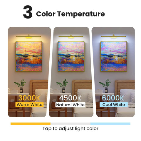 Next Level Wireless Picture Light For Wall With 8000Mah Battery And Remote For Large Portraits Sleek Brass Build Heavy Duty Setup Quick Install illuminating three color temperatures over artwork.
