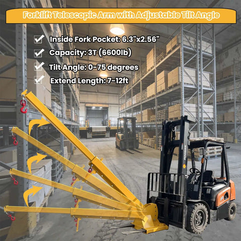 Badass Job Site Beast 6600lb Forklift Mobile Crane With 12ft Telescopic Jib Boom and Steel Hooks, 7-12ft extendable arm.