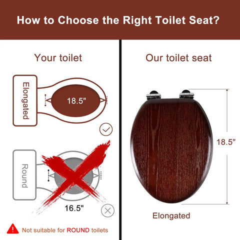 Elongated Wood Toilet Seat With Quiet Close For No Sweat Easy Clean Look Quick Release Hinges in Dark Walnut, size comparison chart