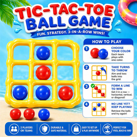 Image of colorful Tic Tac Toe ball game set with instructions, featuring a yellow grid and red and blue balls.