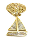 Gold Tone Sailing Yacht Pendant On 10mm Cuban Chain Necklace, 30 Inch Iced Out Bling Jewelry For Men, Ocean Yacht Pendant For Fashionable Nautical Style