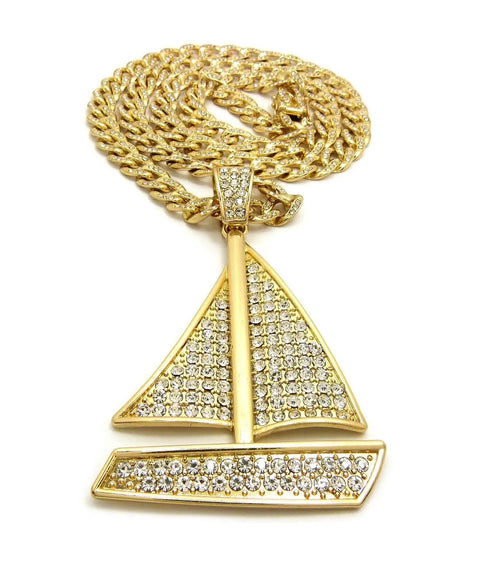Gold Tone Sailing Yacht Pendant On 10mm Cuban Chain Necklace, 30 Inch Iced Out Bling Jewelry For Men, Ocean Yacht Pendant For Fashionable Nautical Style