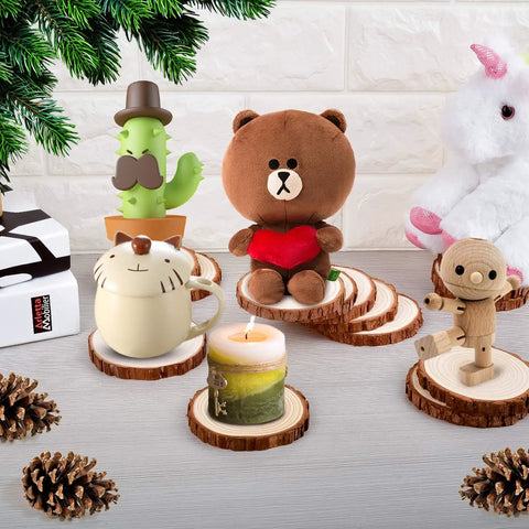 Unfinished Natural Wood Slices With Bark - 20 Pcs 3.5-4 Inch Wood Craft Kit for DIY Projects displayed with toys and decor items