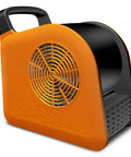 Orange portable blower fan for home use with high velocity floor fan, 185 degree rotating head, dual AC outlets for cooling and drying.