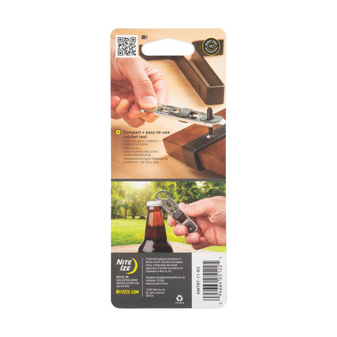 Back of packaging showing DoohicKey Ratchet Key Tool Keychain Friendly Pocket Multitool with carabiner clip and bottle opener demo.
