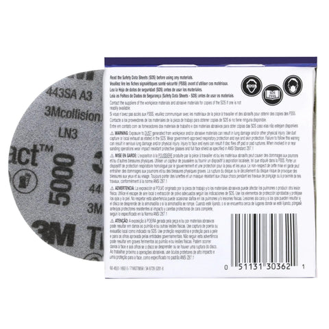 Trizact Hookit Foam Disc P5000 3 Inch Blue Pack Of 15 label with product details and safety information barcode visible