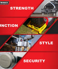 Collage of Trimax products showing strength, function, style, and security featuring a yellow wheel lock for 6 to 10.5 inch tires.