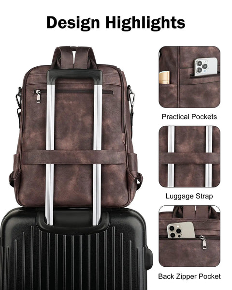 Leather Laptop Backpack for Women with Independent Laptop Compartment Fits Up To 15.6 Inches on luggage with pockets and strap