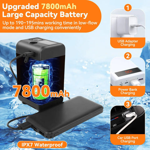 Portable Camping Shower Kit With 7800mAh Battery, Built In Heater, LED Display, IPX8 Waterproof charging options shown