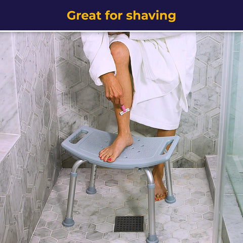 Shower Chair For Tub And Shower, Adjustable Bath Seat With Non Slip Suction Feet in use, highlighting stability for shaving