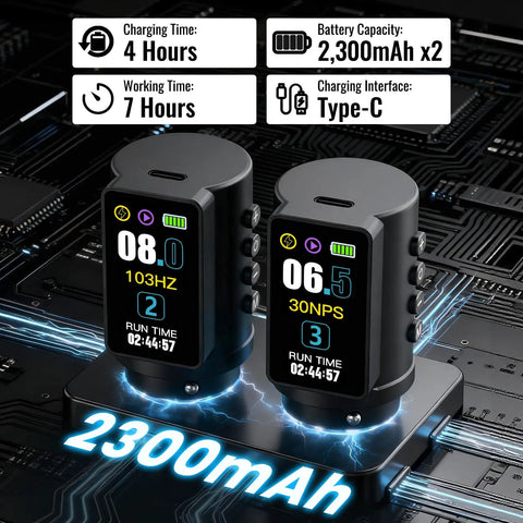 Wireless Tattoo Gun Kit With 2300mAh Batteries displaying charging time and Type-C interface 7 adjustable stroke rotary machine