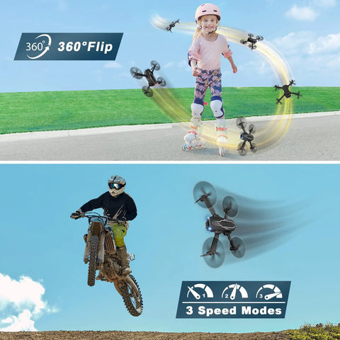 Mini Drone With Camera For Adults And Kids 1080P HD FPV flying near girl and motocross biker, demonstrating 360-degree flips and speed modes.