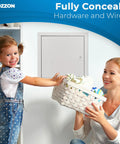 Heavy Duty Metal Access Panel for Drywall 12 x 12 Inches with a Slick Screwdriver Release Latch and Tough Steel Frame Sweet White Wall Hole Cover, shown with a child and woman.