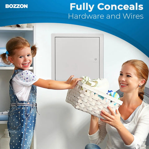 Heavy Duty Metal Access Panel for Drywall 12 x 12 Inches with a Slick Screwdriver Release Latch and Tough Steel Frame Sweet White Wall Hole Cover, shown with a child and woman.