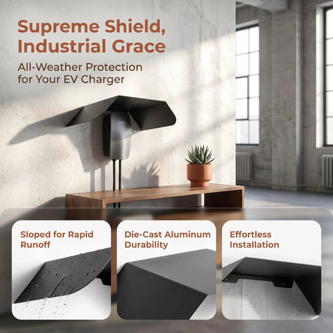 Heavy Duty Aluminum Wall Mount EV Charging Station Rain Shield Weatherproof Canopy with sloped design for rain runoff.