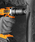 Rugged 21V Cordless Drill With Kickass Torque That Handles Overhead Tasks Fast Compact Impact Driver in use drilling into concrete.