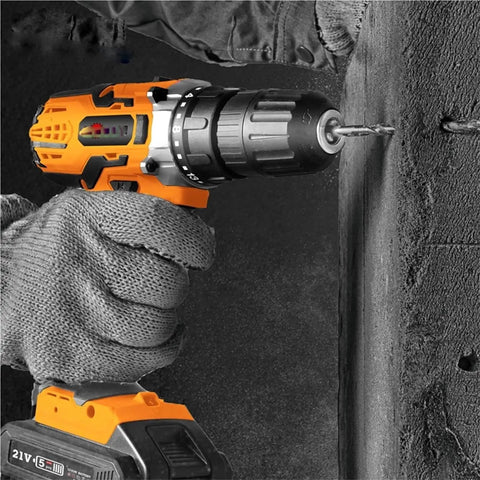 Rugged 21V Cordless Drill With Kickass Torque That Handles Overhead Tasks Fast Compact Impact Driver in use drilling into concrete.