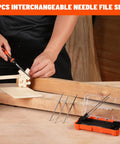 Person using 7 Piece Interchangeable Needle File Set with flat, warding, round files on wood, handle included, plastic case visible.
