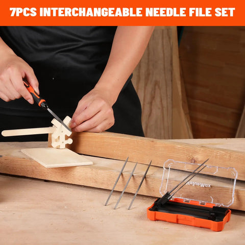 Person using 7 Piece Interchangeable Needle File Set with flat, warding, round files on wood, handle included, plastic case visible.