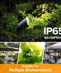 4 Pack 12V Low Voltage Landscape Lighting Kit, Die-Cast Aluminum Spotlights in garden, showcasing IP65 waterproof protection