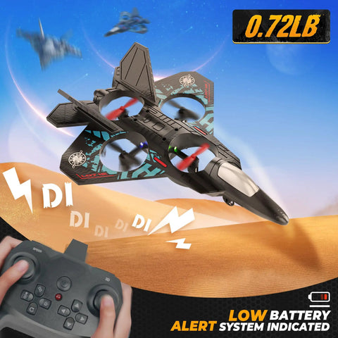 Kids Drones For Beginners 2.4 GHz RC Plane Remote Control Airplane And Helicopter Hybrid With 360 Degree Flips Fighter Jet Style Colorful LED Navigation Lights In Blue Easy To Fly in flight with remote controller in view, set against a desert background. Lightweight 0.72lb design displayed.