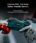 Beast Four And A Half Inch Angle Grinder With 1200W Motor, 11,000 RPM, shown with ergonomic grip and safer paddle switch.