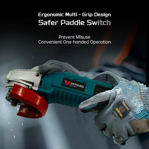Beast Four And A Half Inch Angle Grinder With 1200W Motor, 11,000 RPM, shown with ergonomic grip and safer paddle switch.