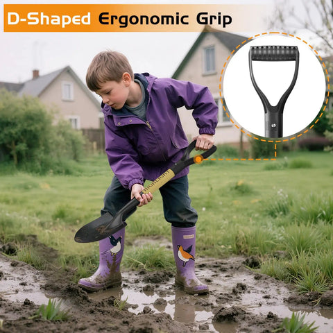 Child using Heavy Duty 28 Inch Round Shovel With D Handle Solid Wood Grip And Carbon Steel Blade For Digging In Sand Snow Dirt Garden Yard Camp Beach Kids All Purpose Projects