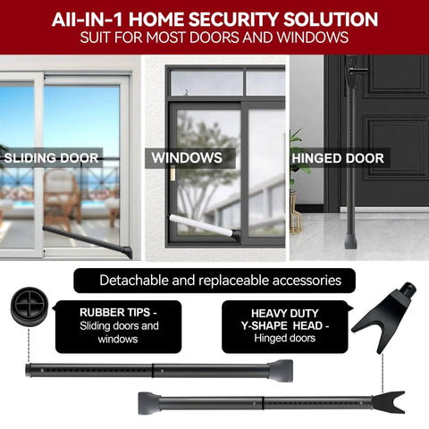 Upgraded Door Security Bar And Sliding Patio Bar Heavy Duty Adjustable Jammer for doors and windows with detachable accessories.