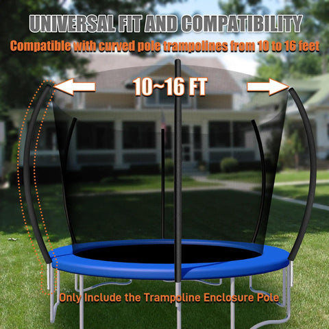 Pro Grade Curved Trampoline Replacement Poles for 10 to 16 ft frames with enclosure net and blue mat, durable and universal fit.