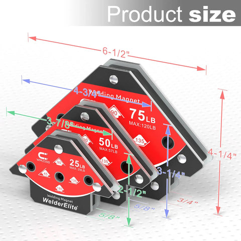 Six Magnet Welding Set With 2x25Lb 2x50Lb 2x75Lb Arrow Holder, size dimensions shown for 45 90 135 degree alignment
