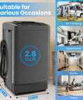 Smooth Operation Compact Portable Washer With Fast Drain Pump And Twenty Pound Laundry Capacity In Classic Gray showing 2.8 cu. ft. size and usage in homes, dorms, and RVs.