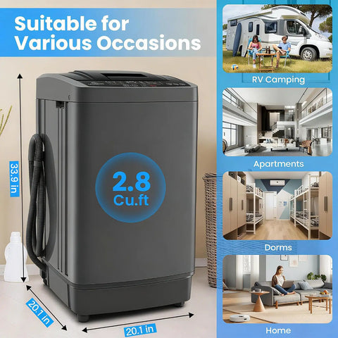 Smooth Operation Compact Portable Washer With Fast Drain Pump And Twenty Pound Laundry Capacity In Classic Gray showing 2.8 cu. ft. size and usage in homes, dorms, and RVs.