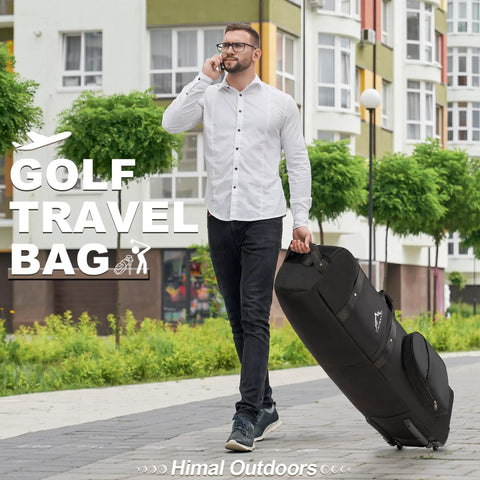 Man walking with Heavy Duty Golf Travel Bag With Wheels Soft Sided Golf Club Cover Made From 600D Polyester on sidewalk.