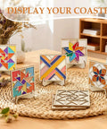 Wooden Coaster Painting Kit With Wood Stand for Adults Teens and Seniors Barn Quilt Pattern Arts and Crafts DIY Fun Gift displayed