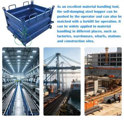 Heavy Duty 2200 Lb Self Dumping Hopper For Forklift And Manual Operation Rock Solid Steel Frame Industrial Material Cart in warehouse.
