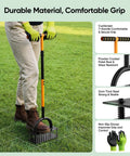 Person using Manual Lawn Aerator With 16 Sharp Spikes For Deep Soil Penetration In A 4 By 4 Grid, black and orange design, on lawn